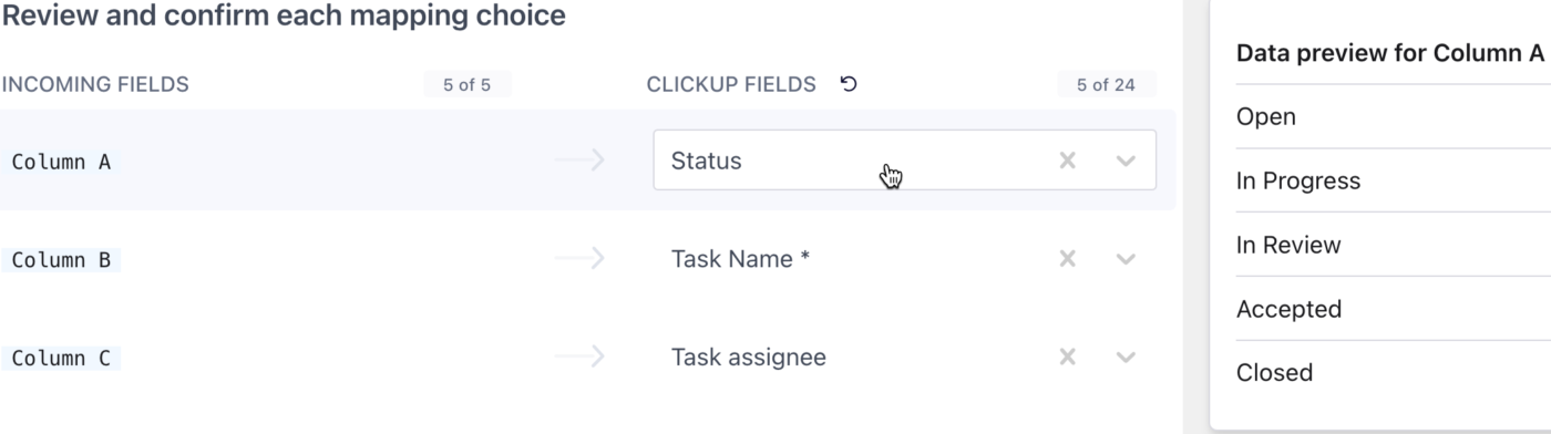 ClickUp's spreadsheet importer