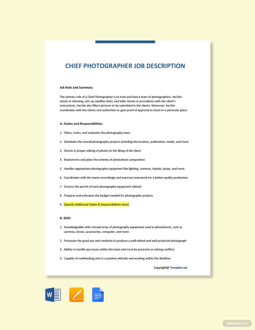 Plantilla de descripción del puesto de fotógrafo jefe en Word