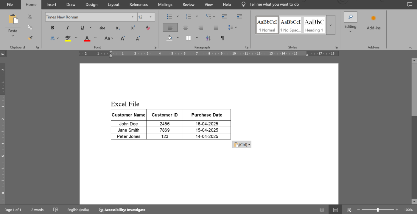 Você obterá sua tabela como está: como inserir o Excel no Word