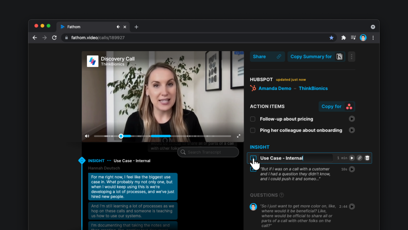Fathom: Best for AI-powered meeting transcriptions and insights