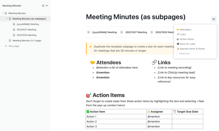 Microsoft Loop Templates: ClickUp Meeting Minutes Template