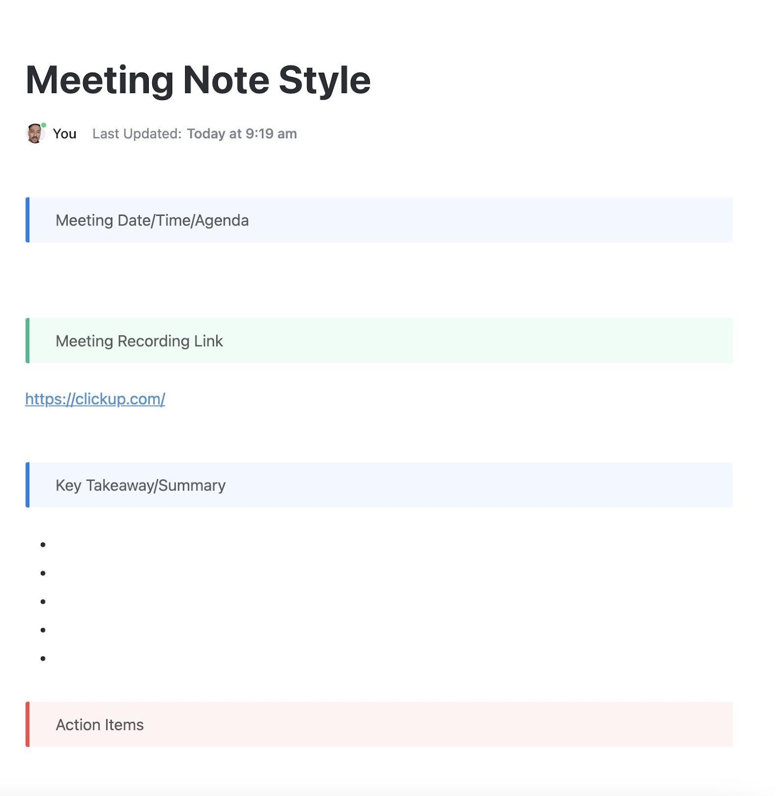 Modelo de estilo de anotações de reunião do ClickUp