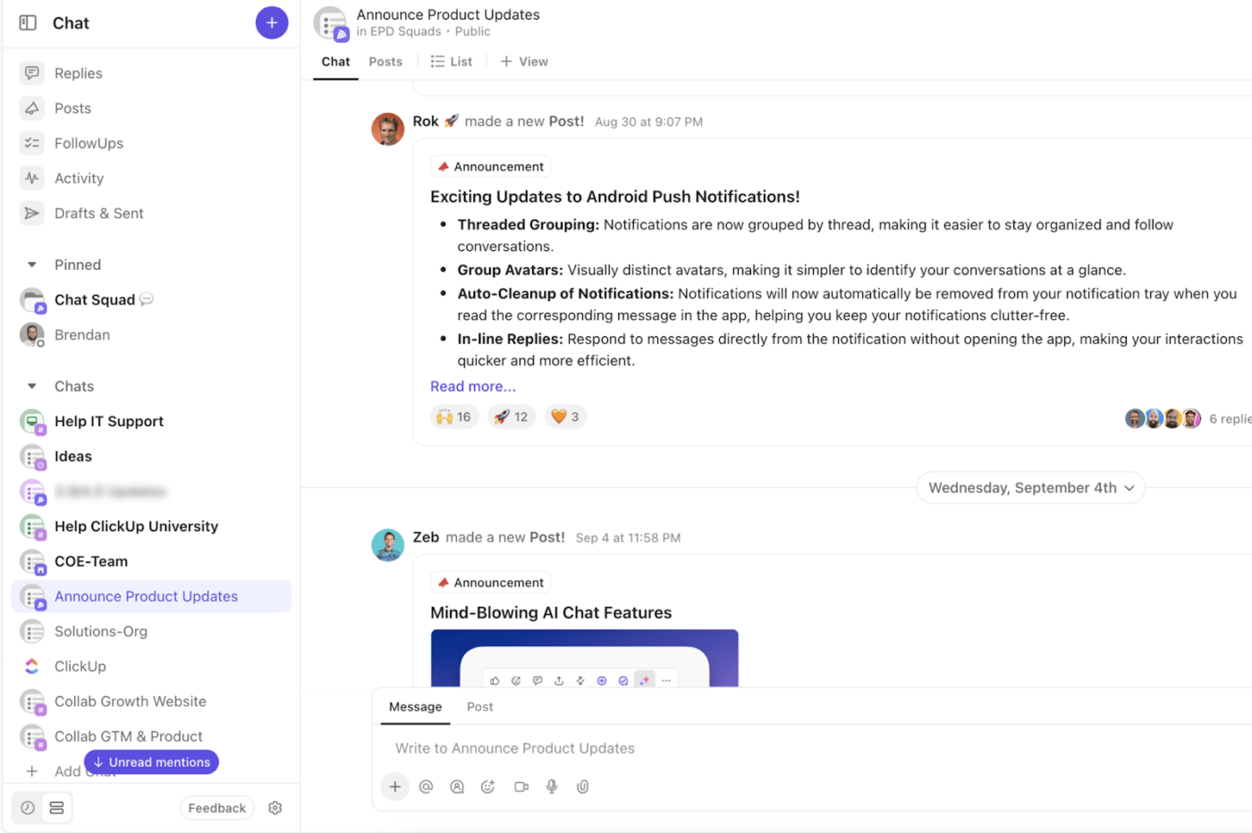 Discord Alternatifleri: ClickUp ile doğrudan mesajlaşma, takım kanalları ve konu başlıklı tartışmalar yapın