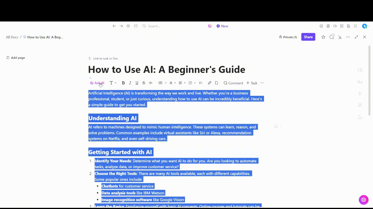 AI Agents for Automation: Integrate AI to write, summarize, and enhance your Docs effortlessly with ClickUp Brain