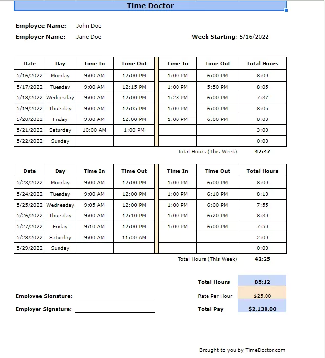 Excel Biweekly Timesheet Template by TimeDoctor