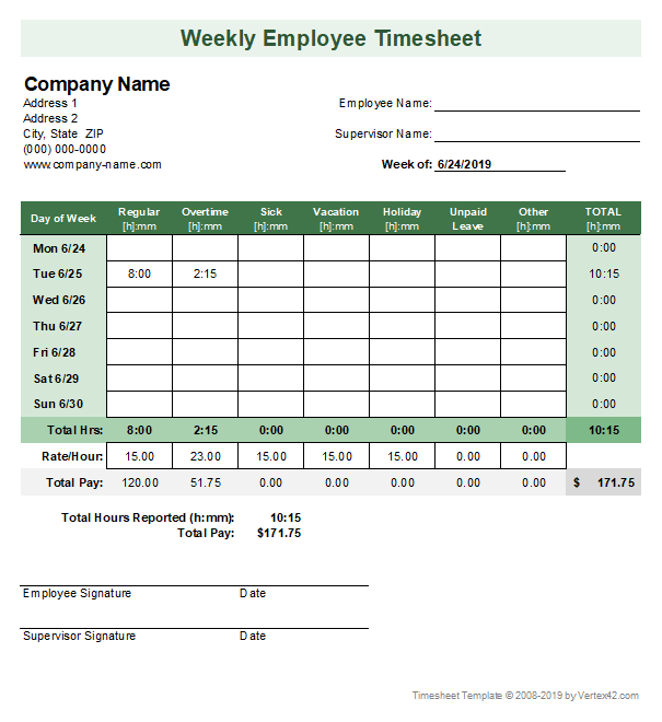 Excel Timesheet Template: Excel Weekly Timesheet Template by Vertex42