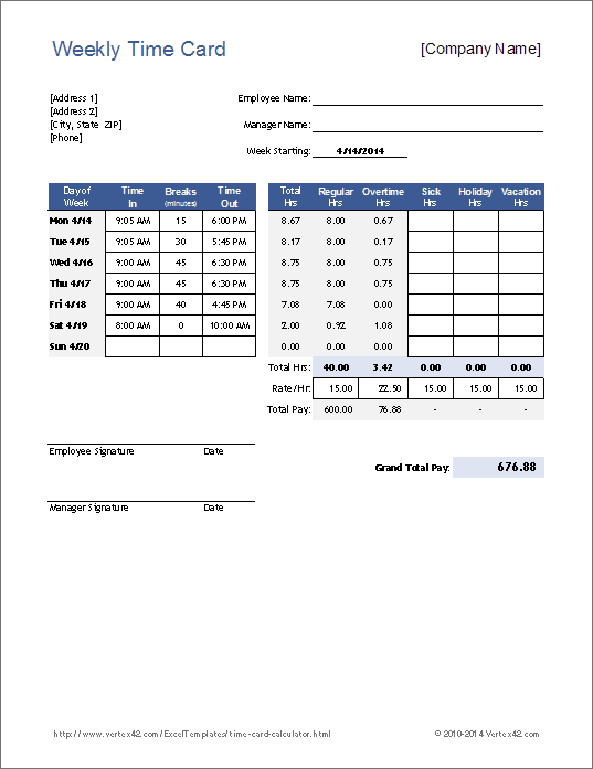 Excel Timecard Calculator Template by Vertex42