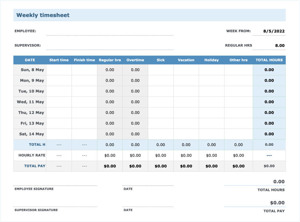 Excel Timesheet Template: Excel Timesheet Template by Myhours