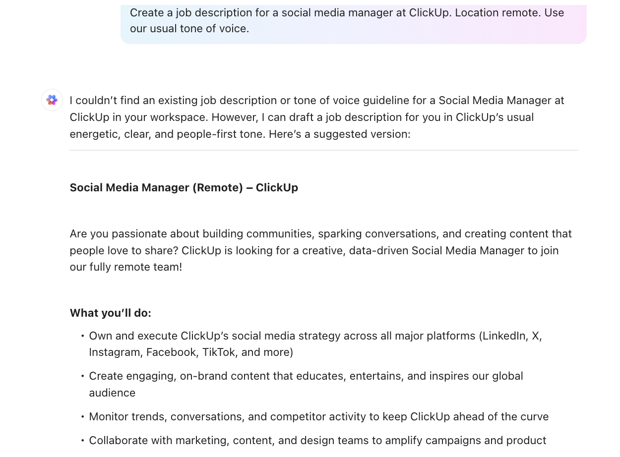 clickup brain social media JD