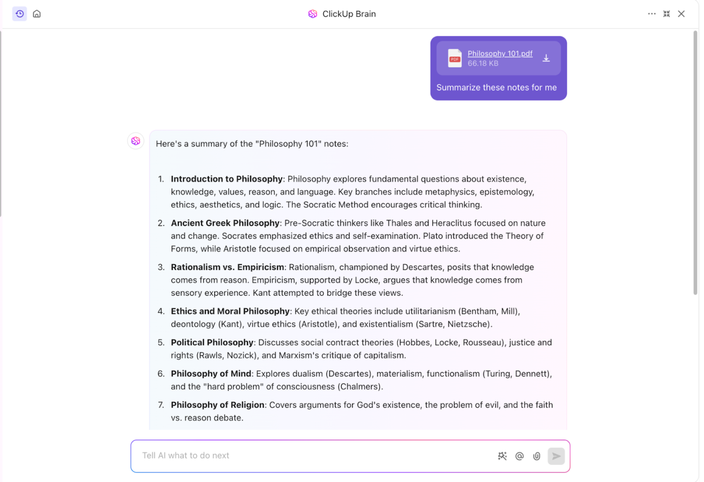 clickup brain summarize notes
