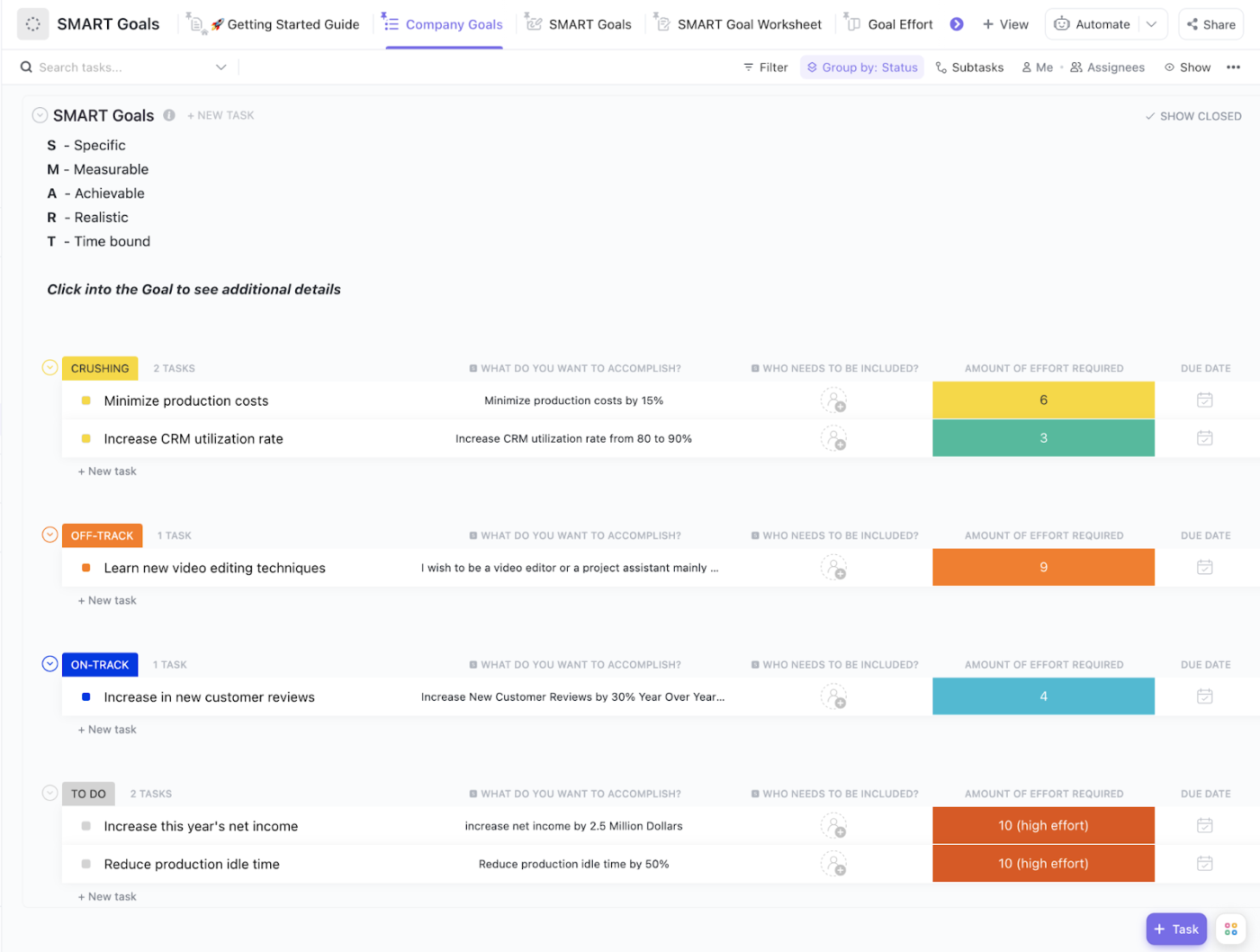 Modello per l'impostazione degli obiettivi: Modello ClickUp SMART Goals