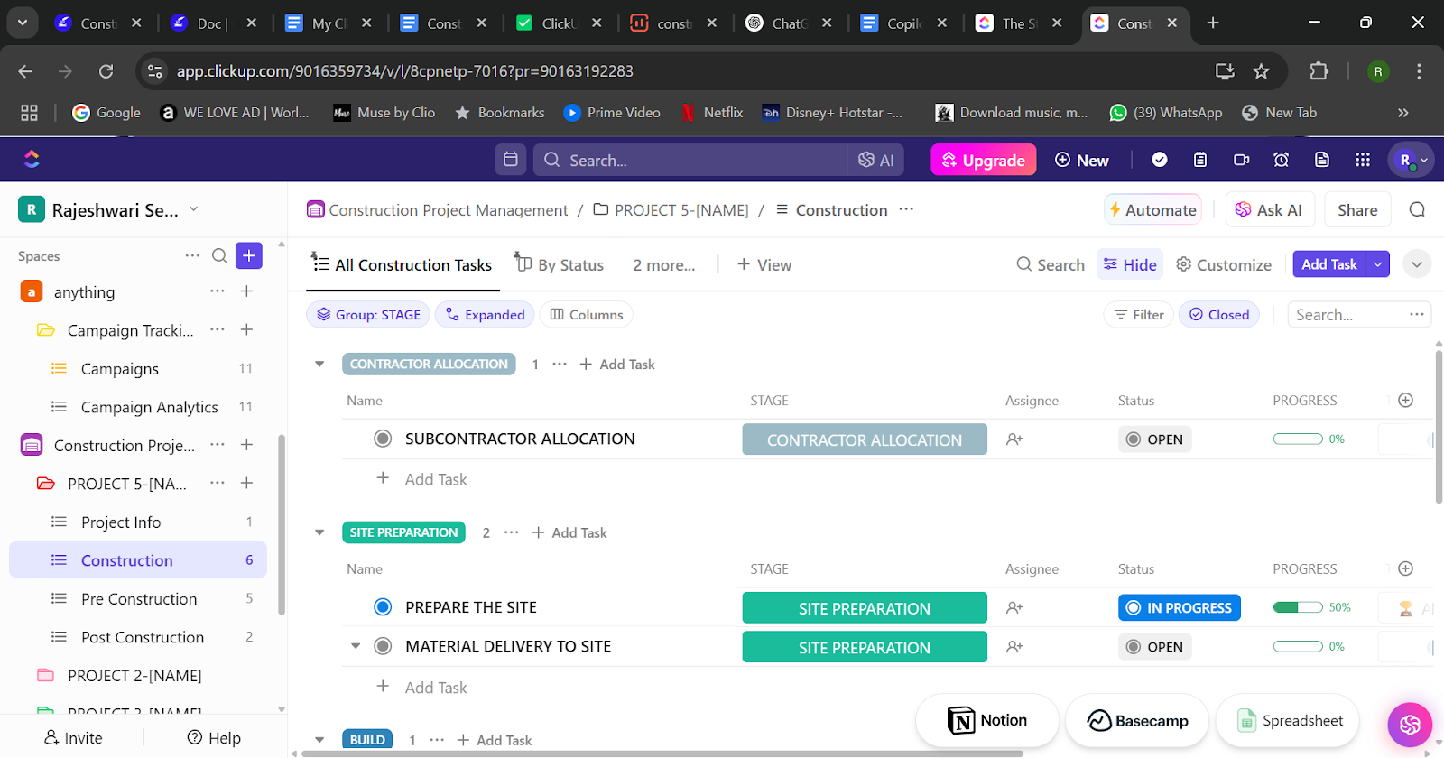 Mẫu quản lý dự án xây dựng ClickUp