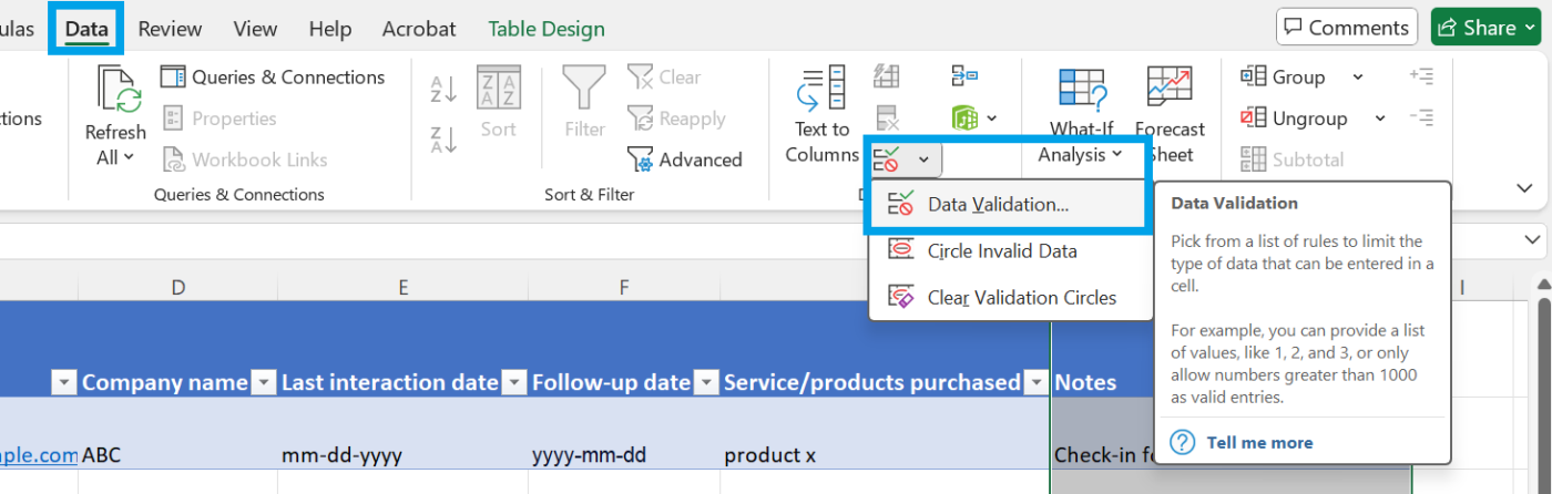 Gegevensvalidatie in Excel