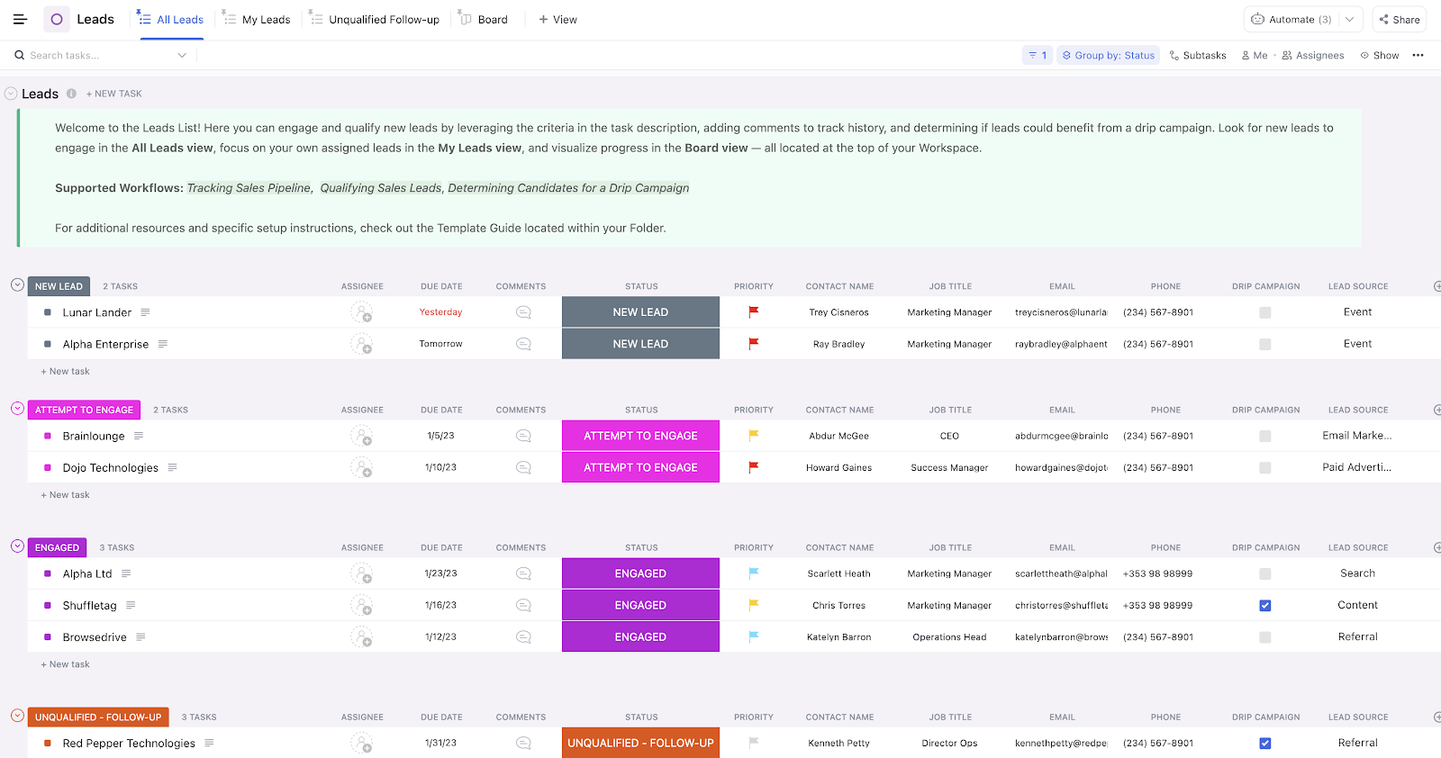 Houd verkopen bij, voed leads en monitor klanttevredenheid met de ClickUp CRM-sjabloon