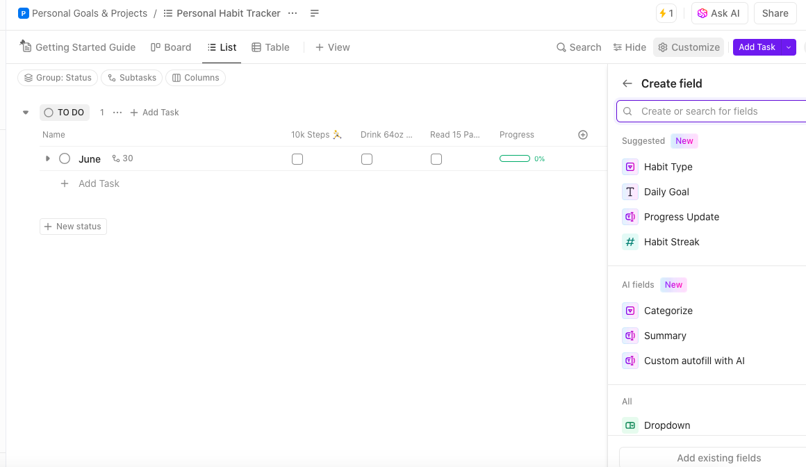 Track daily habit streaks to build momentum and consistency using the ClickUp Personal Habit Tracker Template
