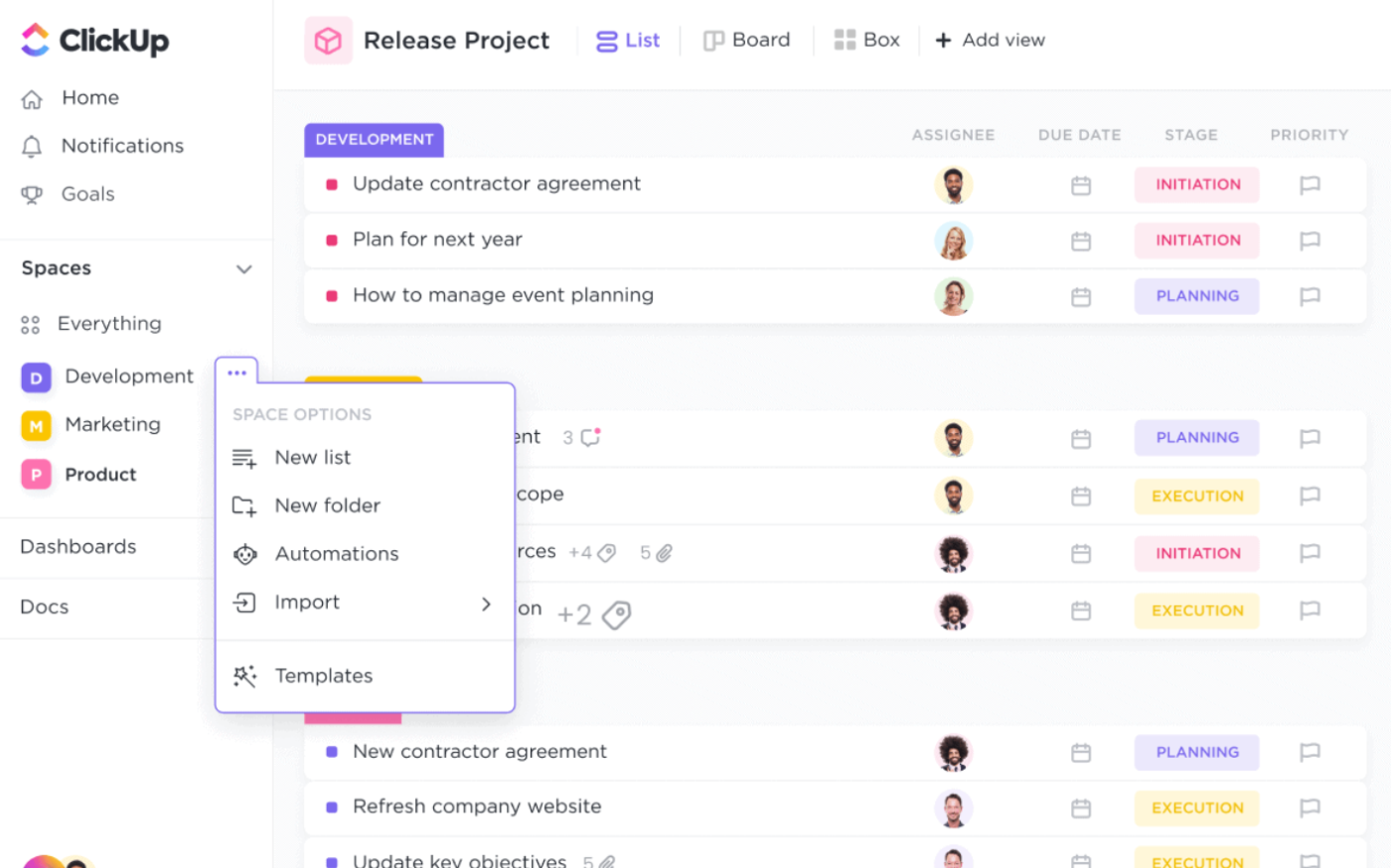 Use ClickUp Spaces to create a clear, high-level organization for all your teams, departments, and projects: Document Lifecycle management