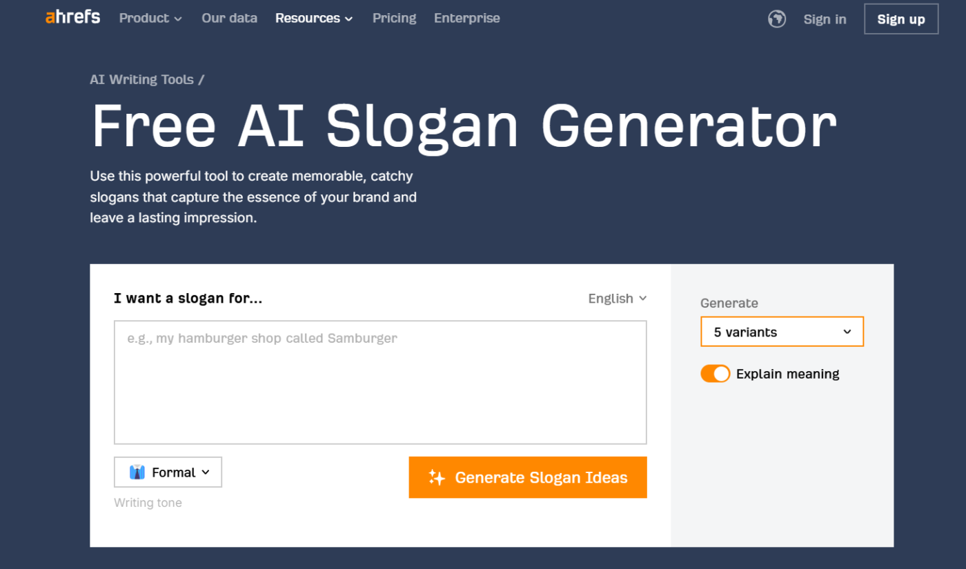 Ahrefs: Trình tạo slogan AI