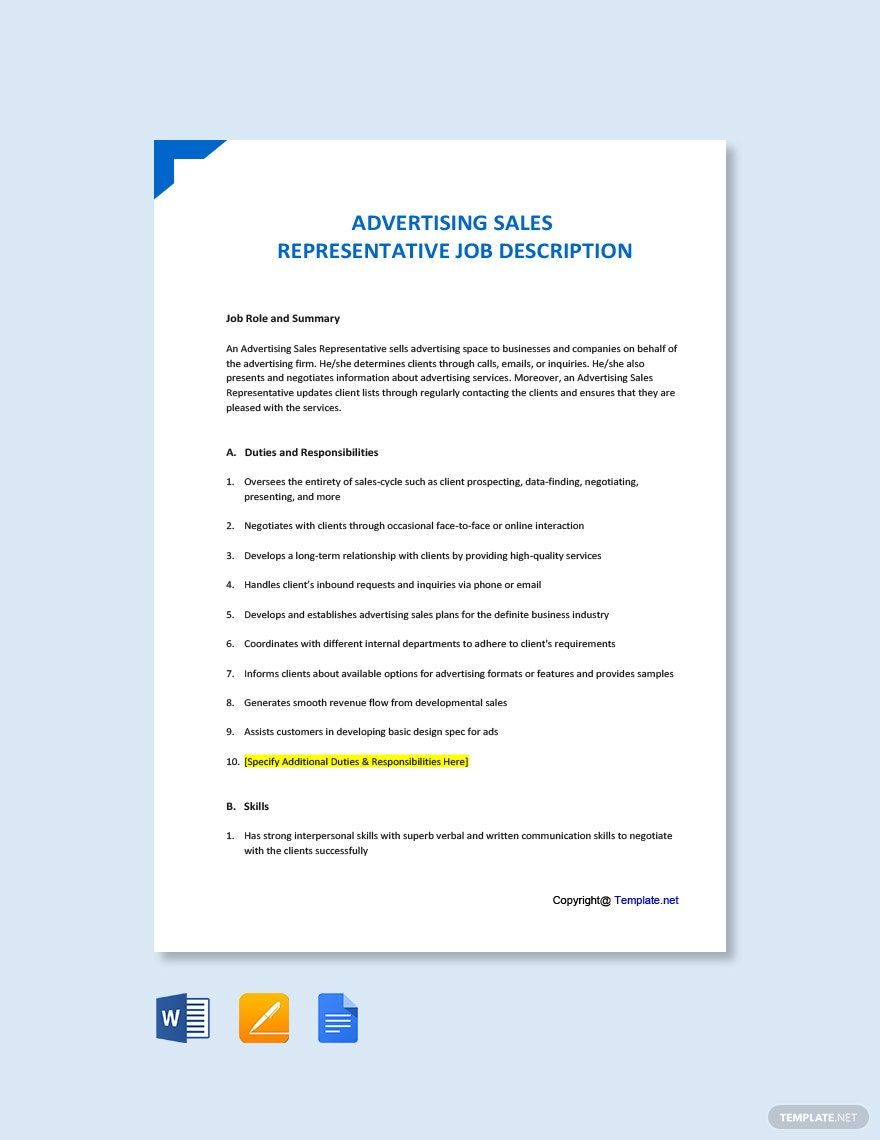 Plantilla de anuncio de empleo para representante de ventas publicitarias en Word