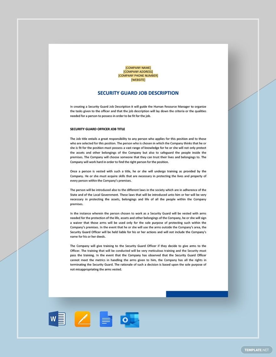 Plantilla de descripción del puesto de guardia de seguridad en Word