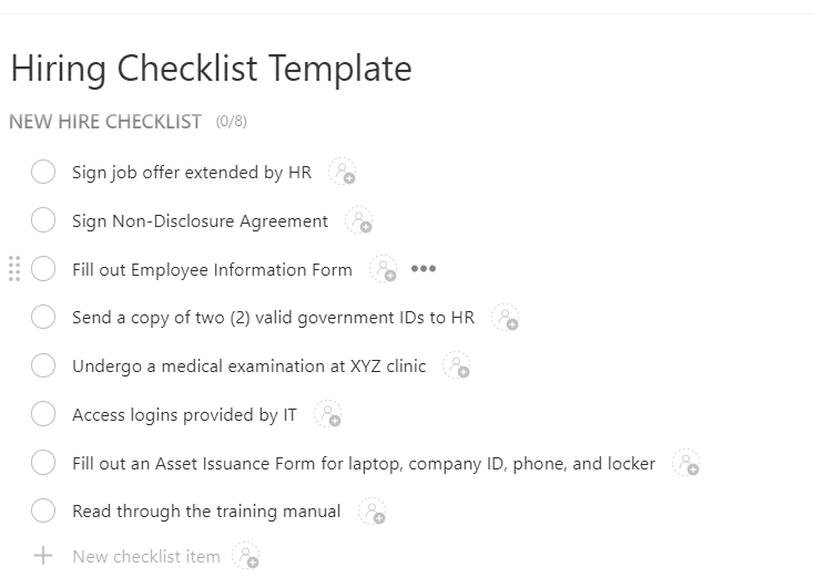 Plantilla de lista de control para contratación de ClickUp