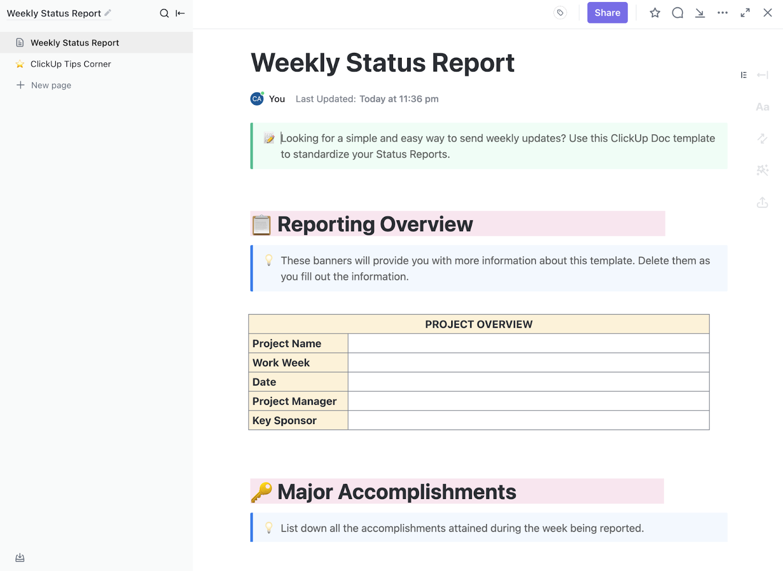 ClickUp Weekly Status Report Template