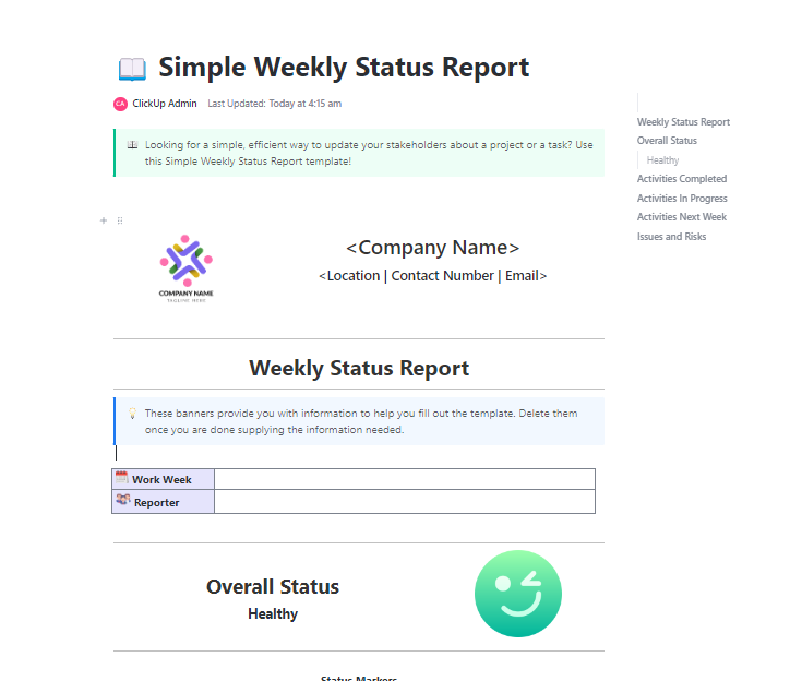 ClickUp Simple Weekly Status Report Template