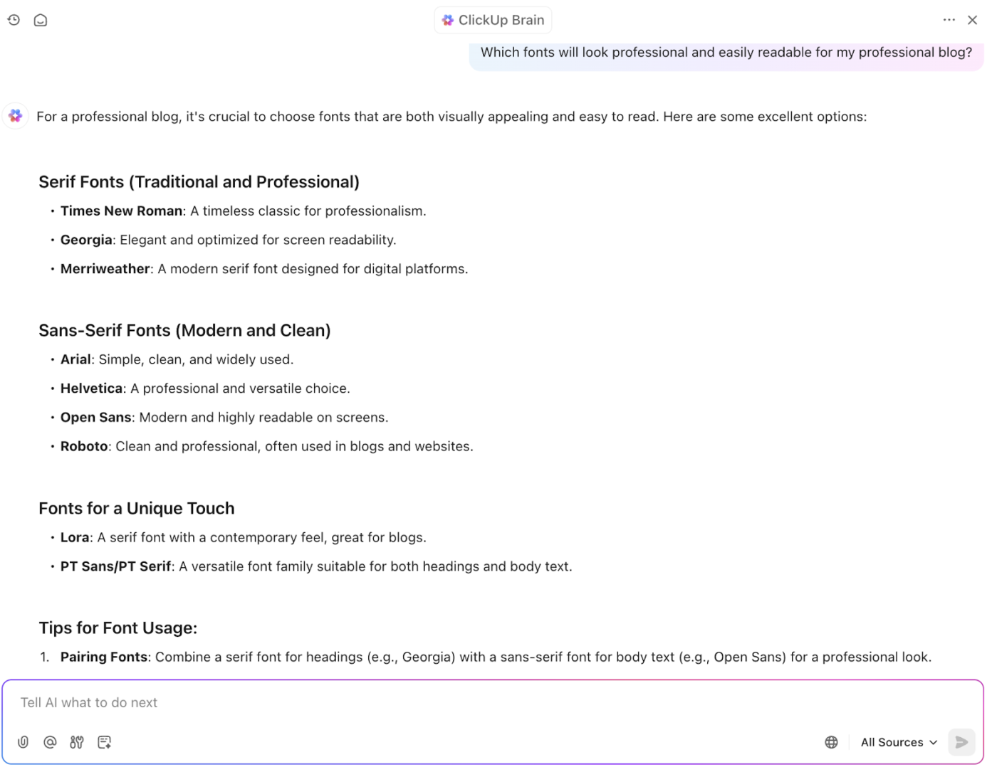 ClickUp Brain: Como adicionar fontes ao Google Docs