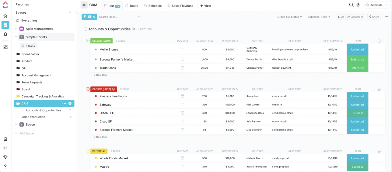 ClickUp CRM şablonu ile tüm potansiyel müşterilerinizi, müşteri ilişkilerinizi ve satışlarınızı tek bir yerde düzenleyin