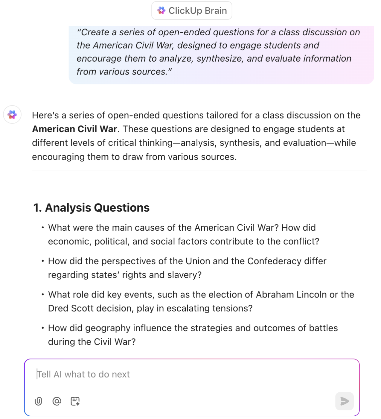 Prompts on ClickUp Brain: AI prompts for teachers for assessments, class discussions, and quizzes