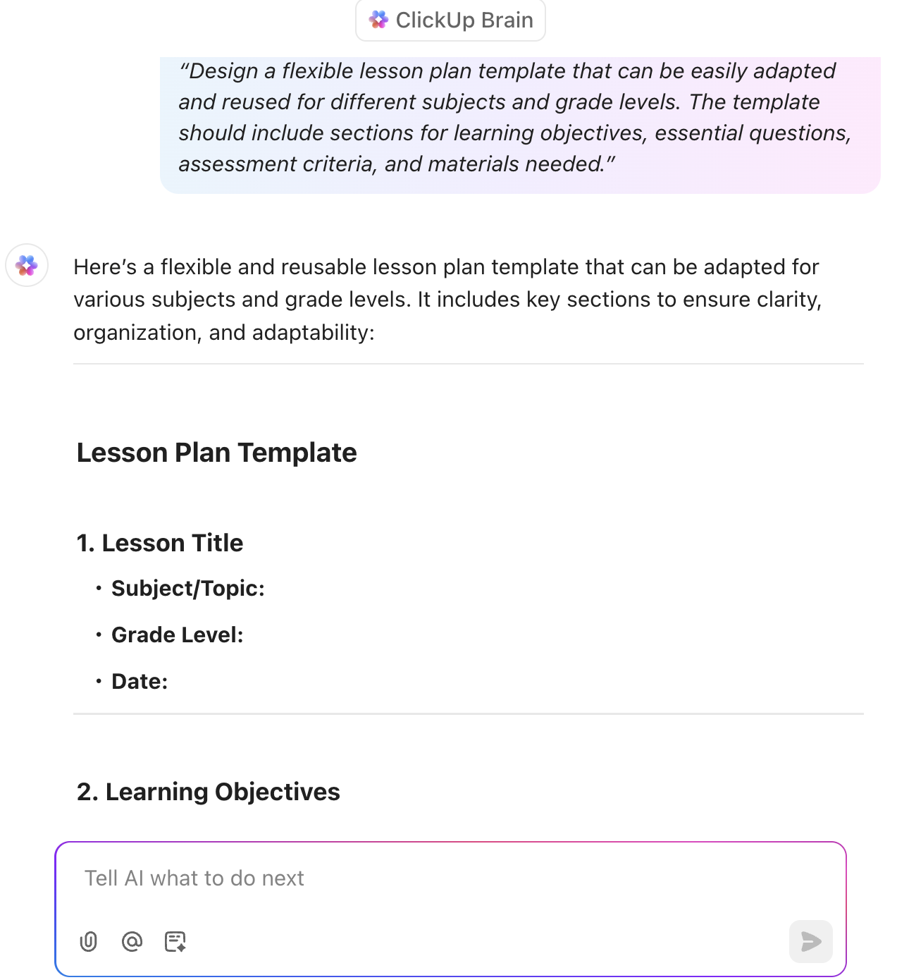 Lesson planning on ClickUp Brain