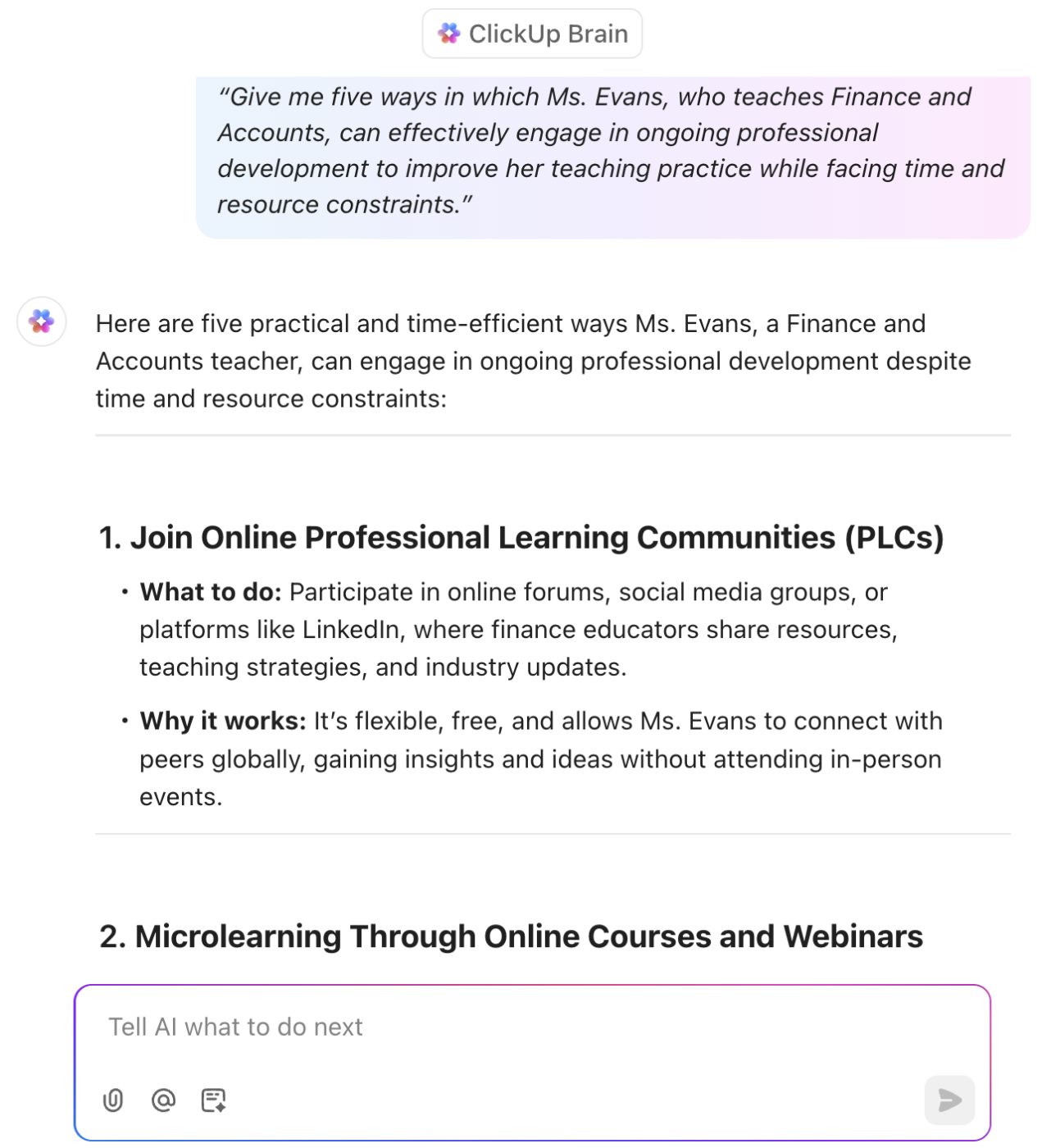Professional development for teachers on ClickUp Brain: AI prompts for teaching