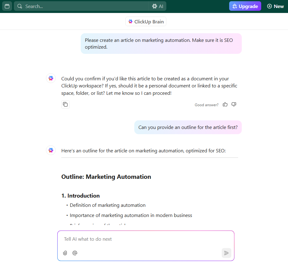 sEO içeriği oluşturmak için ClickUp Brain'i kullanın – AI ile evde verimli olmanın yolları.