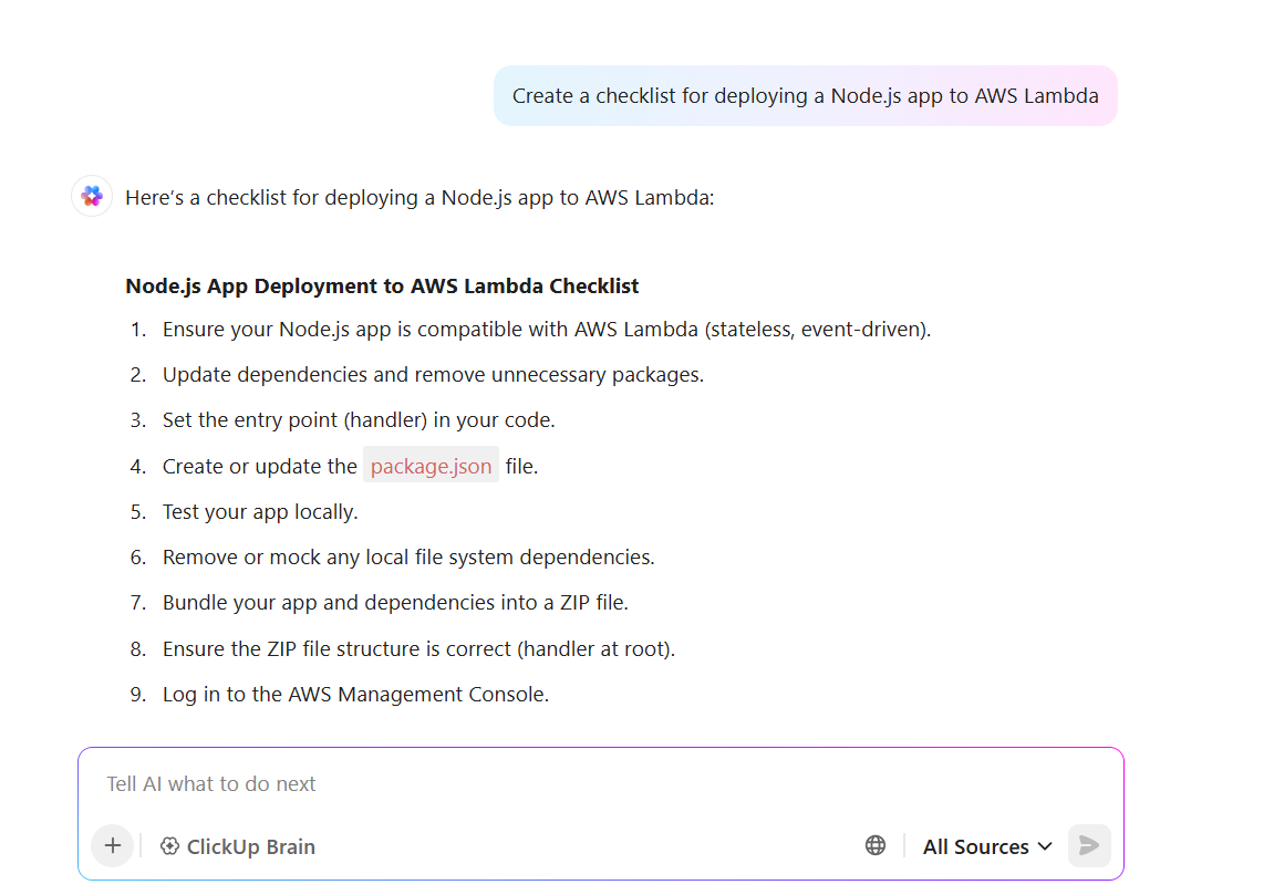 Create a deployment checklist for your Node.js app using ClickUp Brain: devin ai alternative