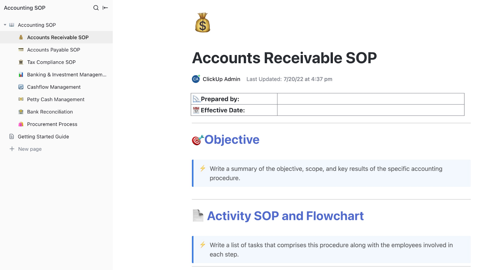 Modèle de procédures opératoires normalisées pour la comptabilité ClickUp