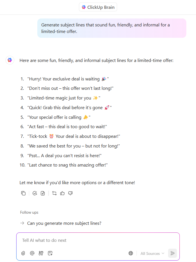 ClickUp Brain: ai email marketing generator