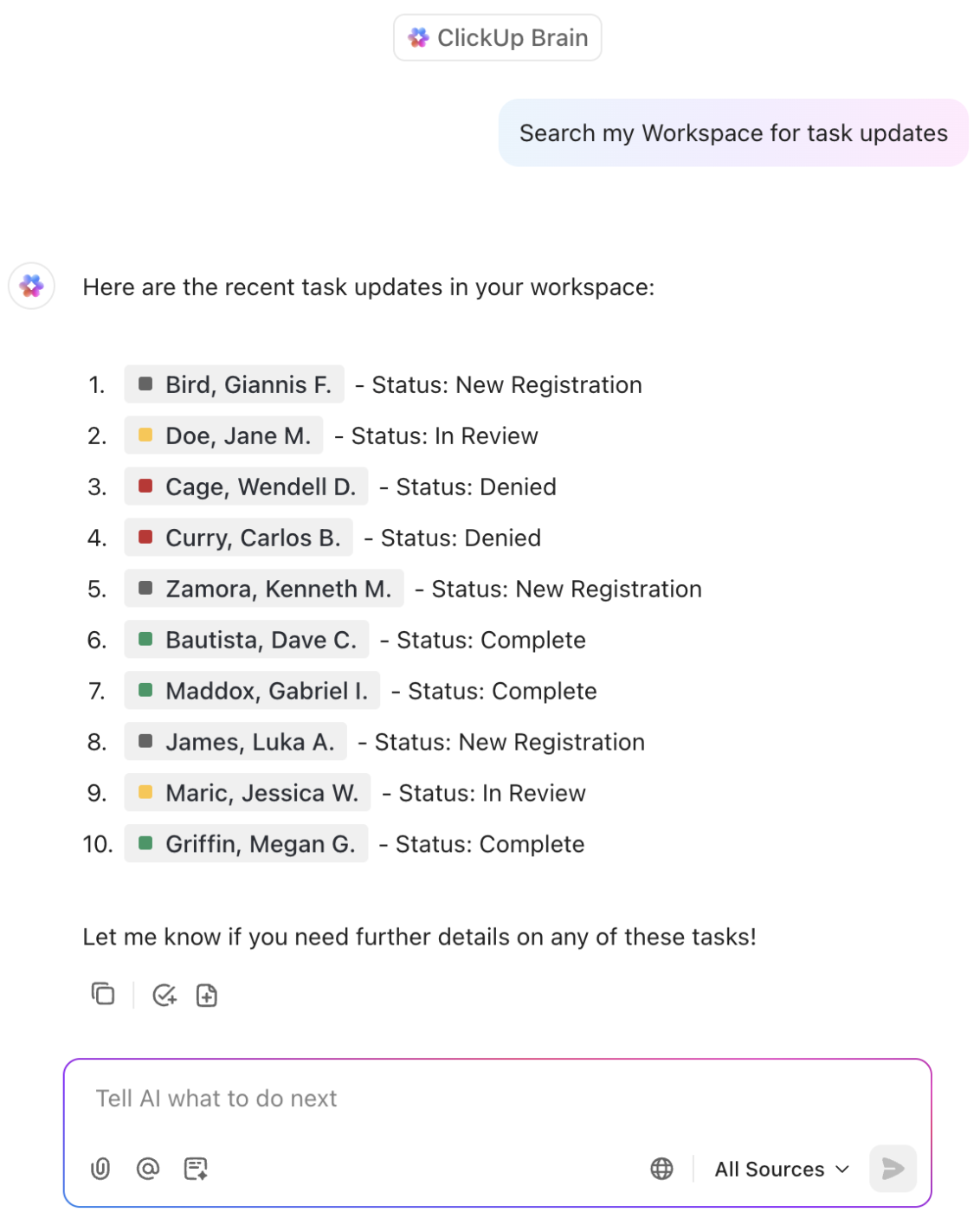 ClickUp Brain task updates