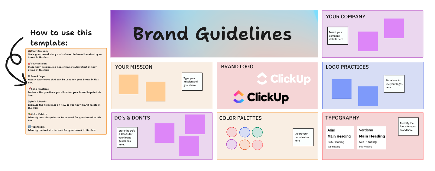Modèle de directives de marque ClickUp : modèle de guide stratégique pour les entreprises