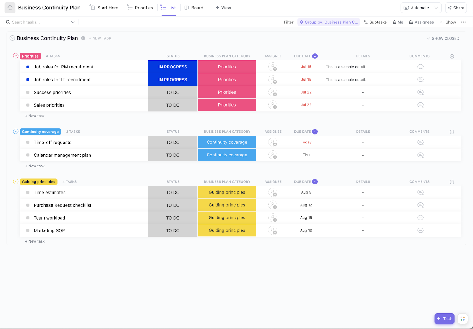 Modèle de plan de continuité des activités ClickUp