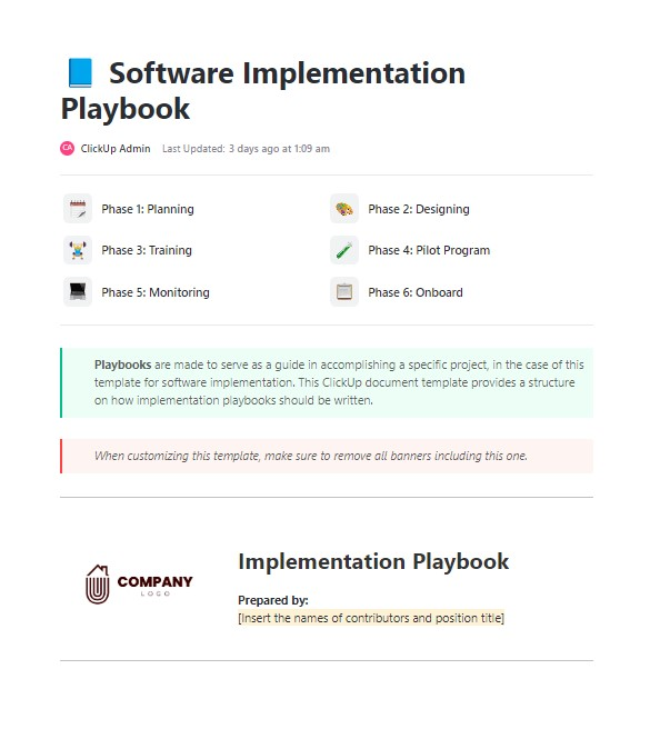 Modèle de guide de mise en œuvre ClickUp
