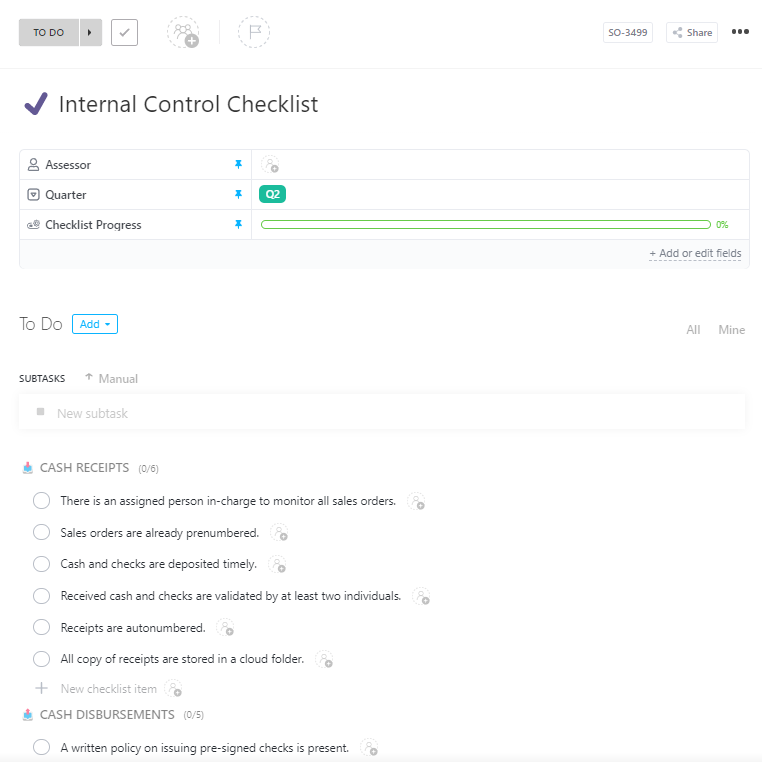 Modèle de checklist de contrôle interne ClickUp