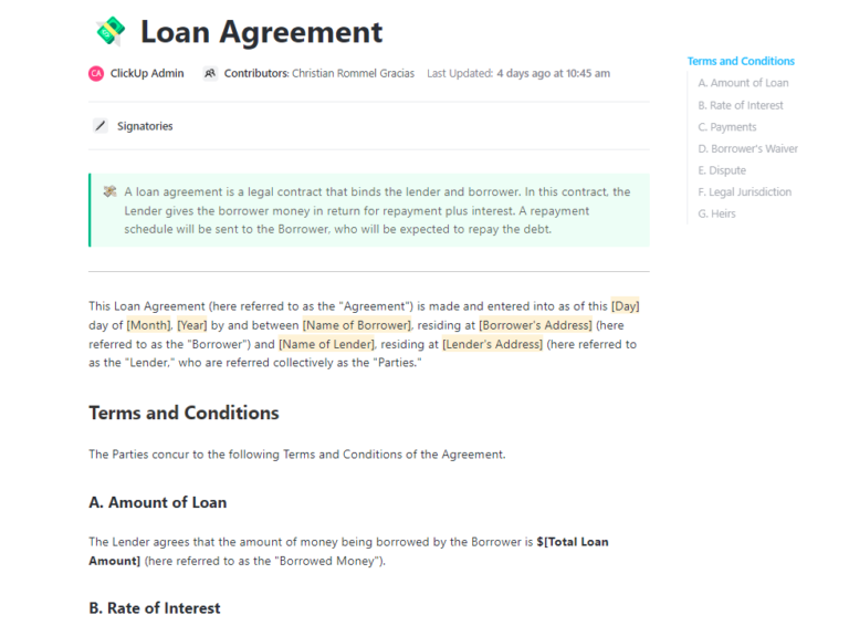 ClickUp Loan Agreement Template