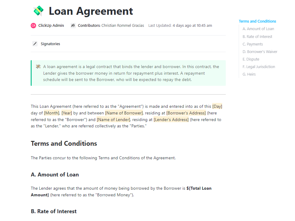 ClickUp Loan Agreement Template