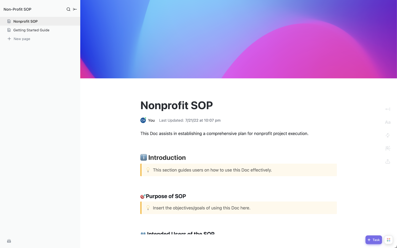 Modèle de procédures opératoires normalisées ClickUp pour les organisations à but non lucratif
