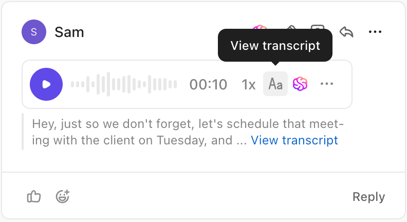 ClickUp の AI を使用して、音声メモ、ビデオクリップ、ミーティングのメモなどを文字起こし