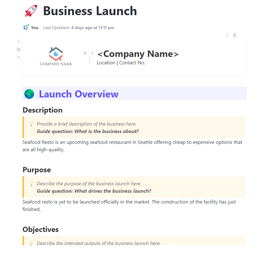 Modèle ClickUp pour le lancement d'une entreprise