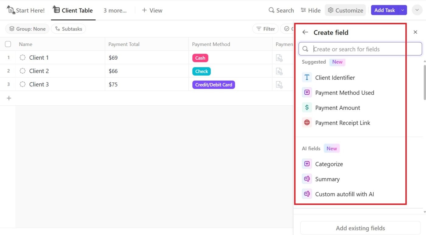 ClickUp Table View: Delivery Receipt Template