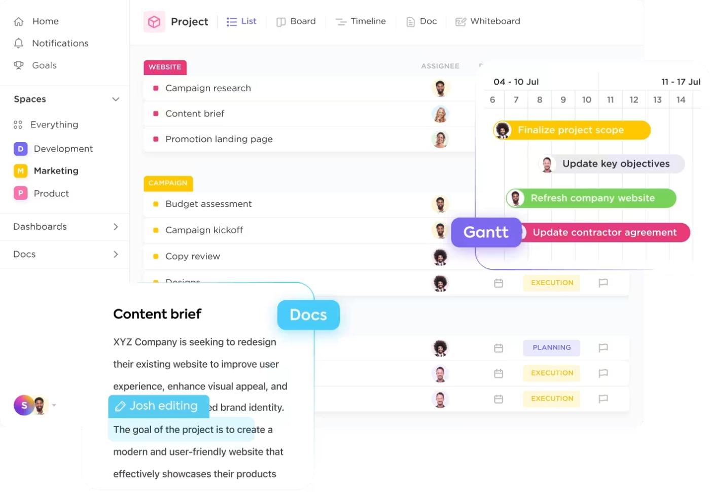 Reúna, colabore e otimize projetos de ponta a ponta com a plataforma de gerenciamento de projetos de marketing da ClickUp