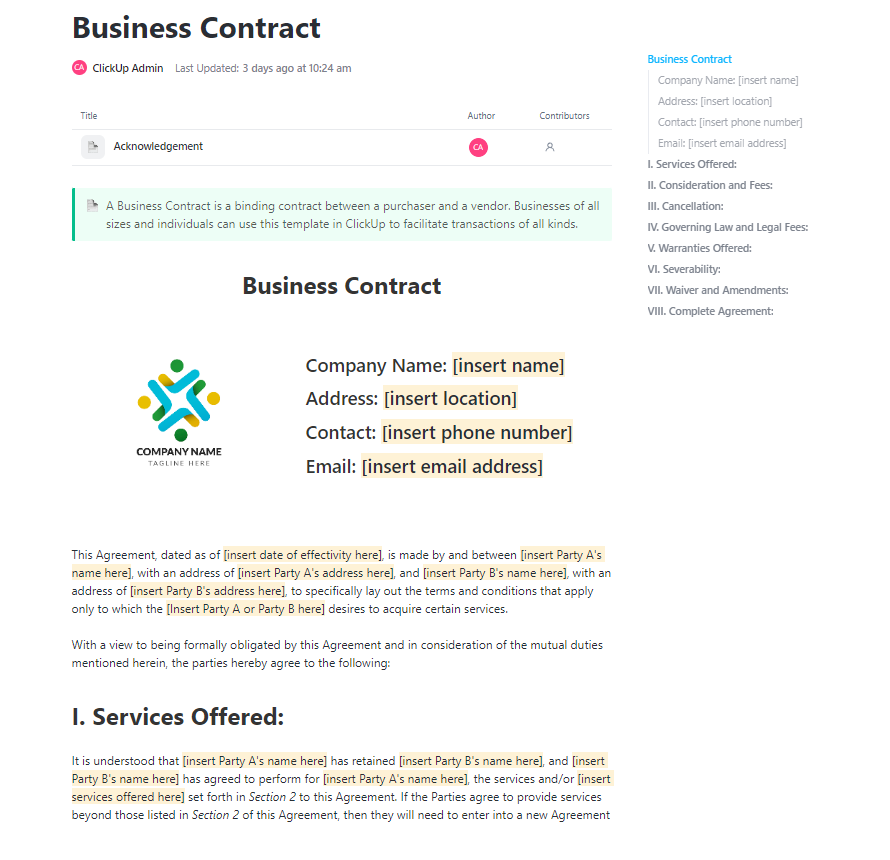 Crea, firma y gestiona acuerdos de servicio con la plantilla de contrato empresarial de ClickUp