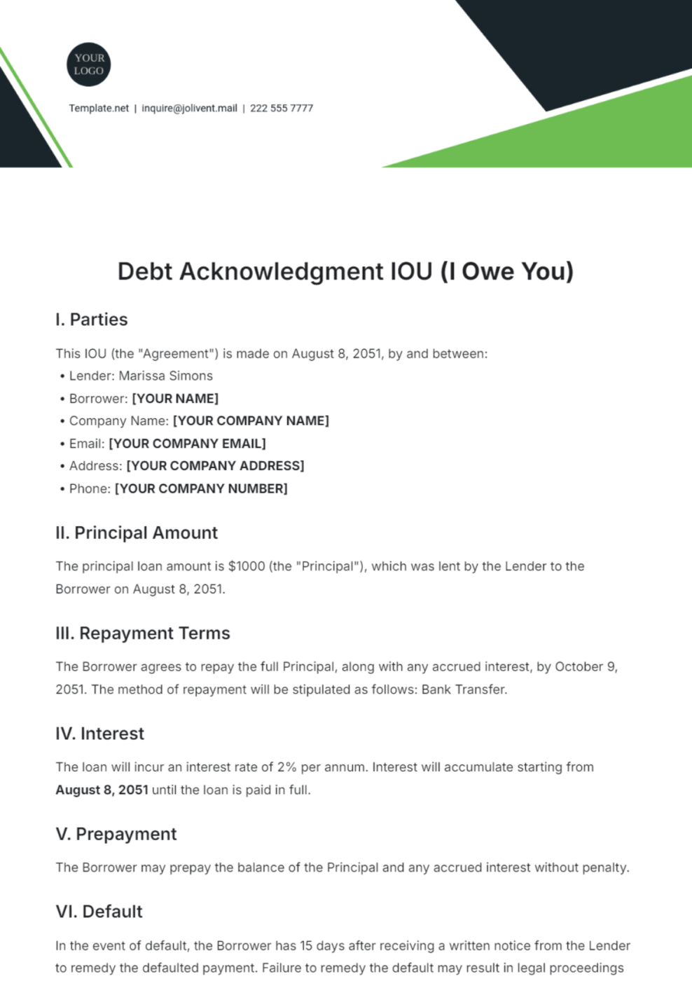 Debt Acknowledgment IOU Template by Template.net: IOU Template