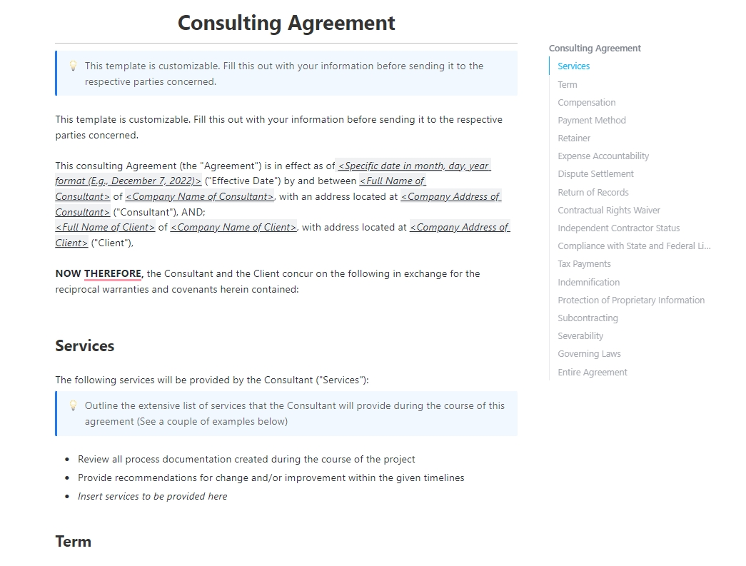 Defina las expectativas, las responsabilidades y los resultados con la plantilla de contrato de consultoría de ClickUp